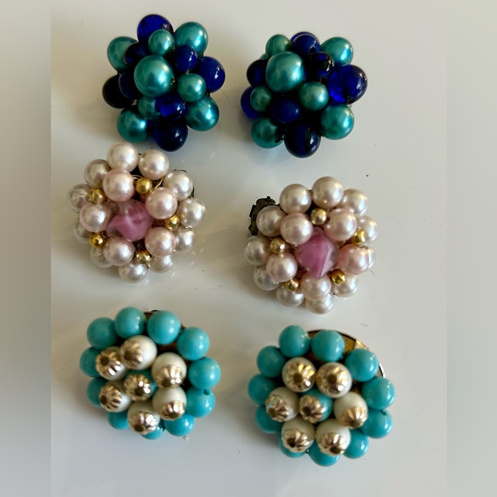 JAPAN marked 3 pair vintage cluster clip on earrings - immaculate condition